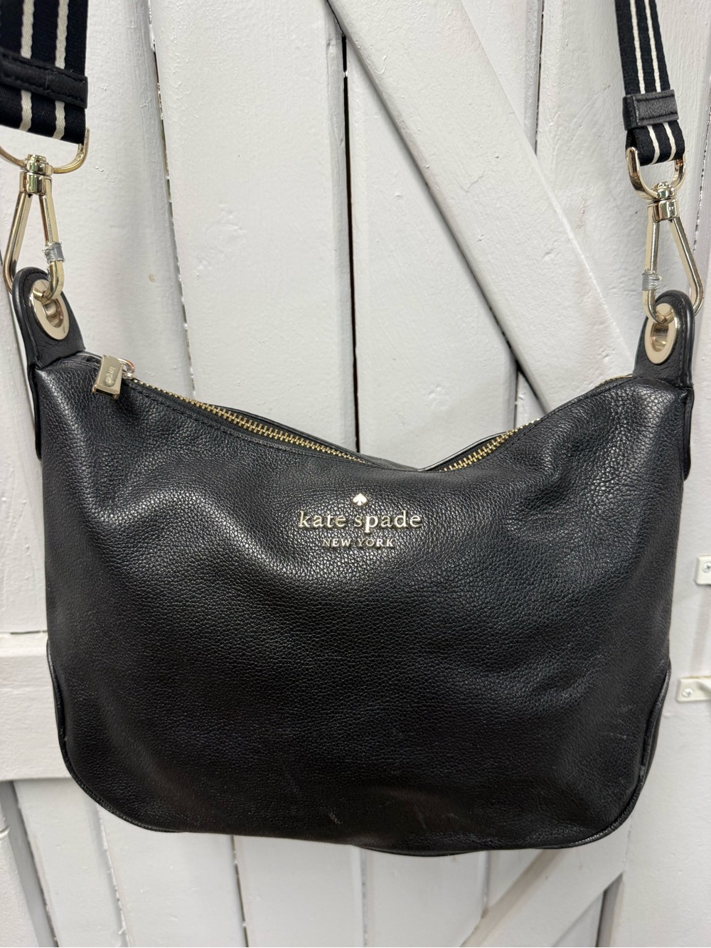 kate spade black leather shoulder bag with striped strap